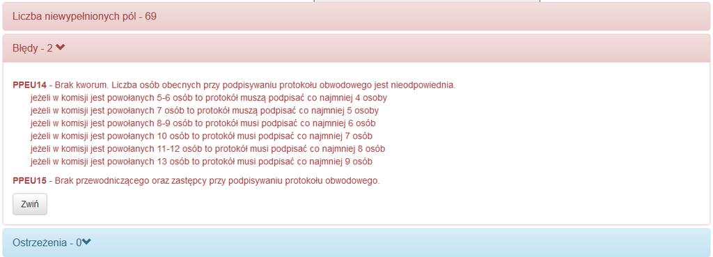 Rysunek 18-4 Pola z informacjami o brakach, błędach i ostrzeżeniach. UWAGA Dane o treści błędów i ostrzeżeń pojawiają dopiero po kliknięciu w odpowiednie pola prezentujące ich liczbę.