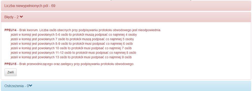 Rysunek 18-4 Pola z informacjami o brakach, błędach i ostrzeżeniach. UWAGA Dane o treści błędów i ostrzeżeń pojawiają dopiero po kliknięciu w odpowiednie pola prezentujące ich liczbę.