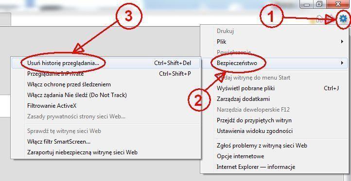 Następnie wybrać oraz rozwinąć pozycję Bezpieczeństwo (Rysunek 25-7 oznaczenie 2) i wybrać pozycję Usuń historię przeglądania (Rysunek 25-7 oznaczenie 3).