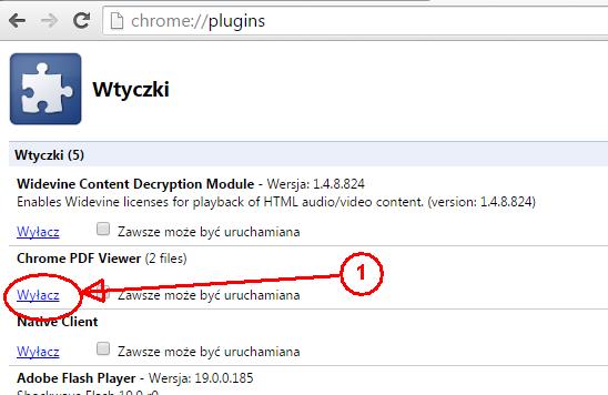 25.5. Google Chrome Aby zmienić domyślne ustawienia otwierania plików PDF w przeglądarce Google Chrome należy jako adres internetowy wprowadzić chrome://plugins Na