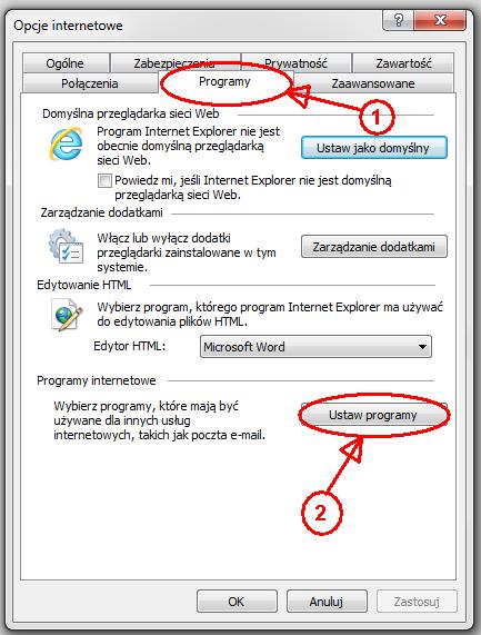 Po pokazaniu się okna Opcje internetowe należy przejść na kartę Programy (Rysunek 25-14 oznaczenie 1) i nacisnąć przycisk Ustaw programy