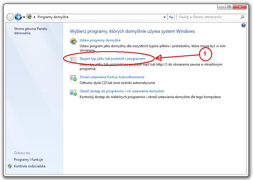 Pojawi się okno Programy domyślne. Należy na nim kliknąć w pozycję Skojarz typ pliku lub protokół z programem (Rysunek 25-15 oznaczenie 1).