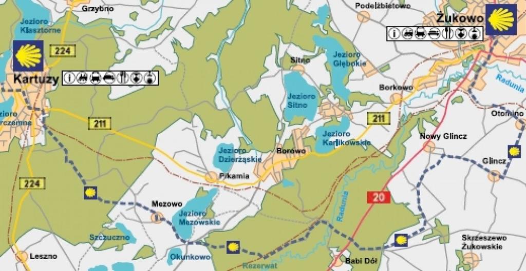 Żukowo i Camino Etap 17 Ż ukowo - Kartuzy Żukowo (0,0 km) Glincz (4,5 km) Babi Dół (7,3 km) Mezowo (11,5 km) Kartuzy (17,8 km) Zgodnie z oznakowaniem Pomorskiej Drogi Świętego Jakuba spod kościoła św.