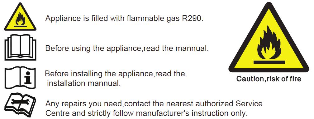 NOTE Information on equipment with R290 gas coolant Please read all warnings carefully. Do not use tools other than those recommended by the manufacturer during defrosting and cleaning.