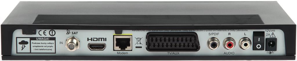 gniazdo do podłączenia anteny TV satelitarnej port Ethernet do podłączenia modemu wyjścia audio do podłączenia zewnętrznych urządzeń audio wyłącznik złącze HDMI