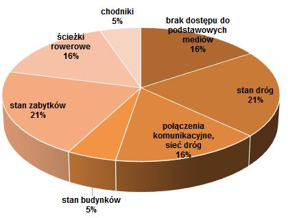 Zgodnie z udzielonymi odpowiedziami największym problemem na który zwrócili uwagę mieszkańcy w sferze infrastrukturalno-technicznej jest zły stan dróg i zabytków.
