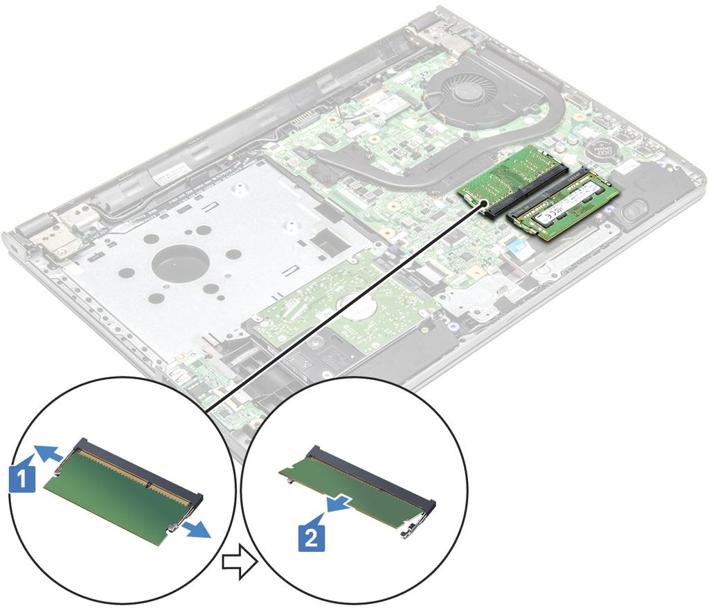 Moduły pamięci Wymontowywanie modułu pamięci 1 Wykonaj procedurę przedstawioną w sekcji Przed przystąpieniem do serwisowania komputera.