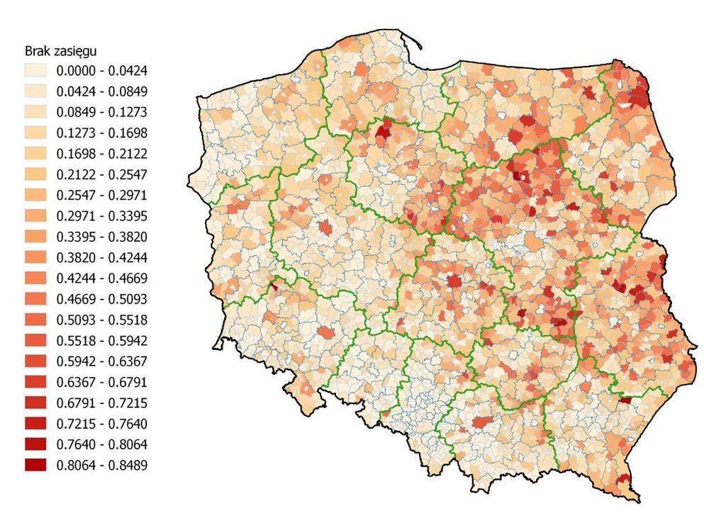 Braki w pokryciu zasięgiem 30 Mb/s Źródło: opracowanie
