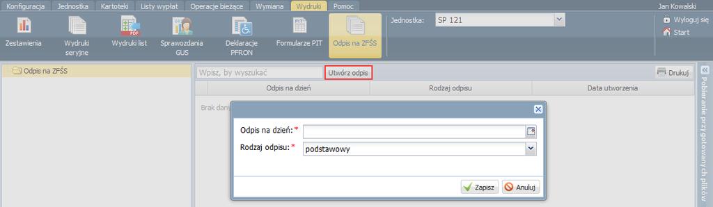 Teraz w polu Nadawca pojawia się nazwa konta, a nie opis konta wprowadzony w koncie przypisanym do jednostki. Wydruki 1. Na wstążce Wydruki dodano widok Odpis na ZFŚS. 2.