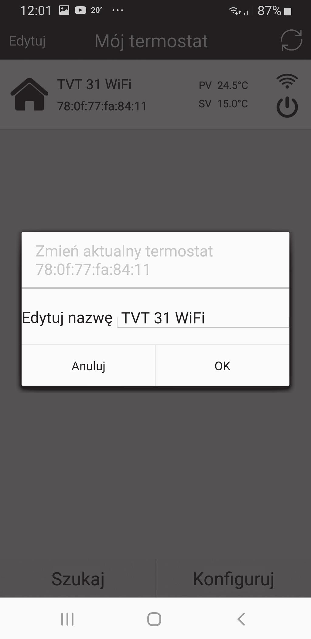 KROK 4 - Konfigurowanie regulatora w sieci WiFi W celu konfiguracji urządzenia w sieci WiFi, przytrzymaj palec na ikonie domku przez około 3 sec.