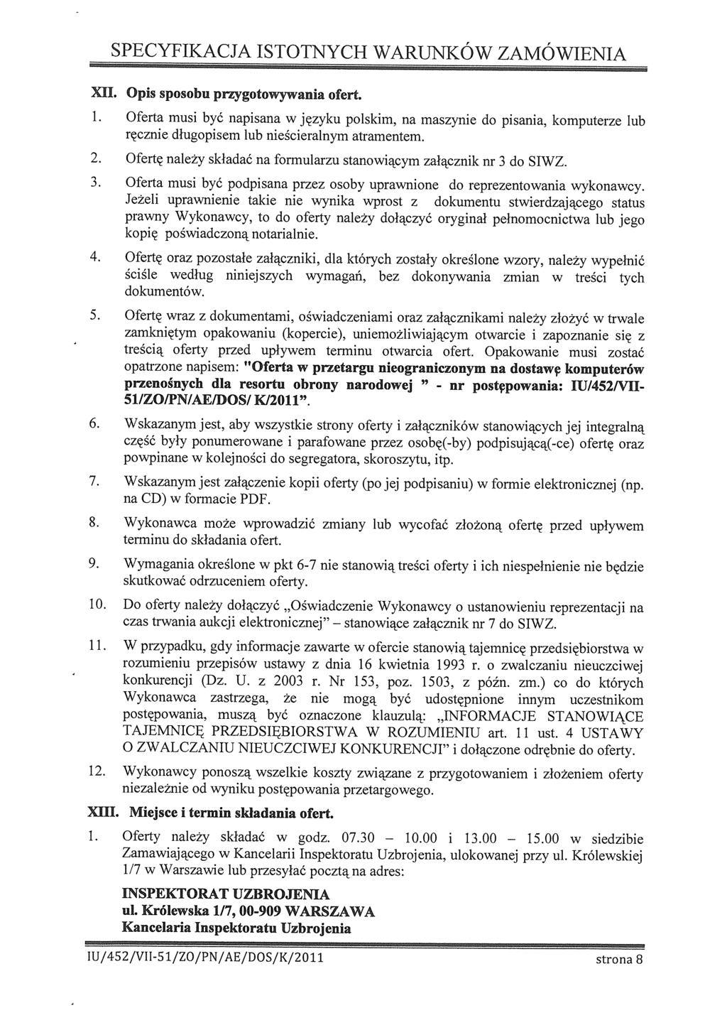 SPECYFIKACJA ISTOTNYCH WARUNKÓW ZAMÓWIENIA XII. Ops sposobu przygotowywana ofert.