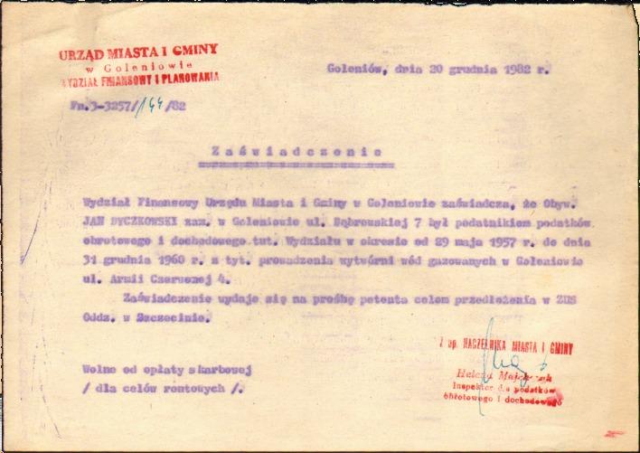 został do zamieszkania w Świnoujściu, gdzie podjął pracę, a wytwórnię prowadził jego ojciec Artem Dyczkowski. Mimo ciągłych problemów z Urzędem Finansowym, wy- 94 twórnia przetrwała do lat 60-tych.