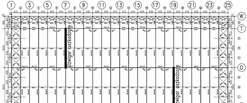524 Król P. A. i in.: O przyczynach zerwania krzyżulców przypodporowych dźwigarów dachowych Skratowanie zaprojektowano z profili zamkniętych kwadratowych 60 60 5, 50 50 4 i 40 40 4 (18G2A).