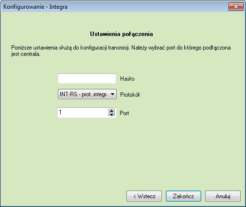 Hasło podanie hasła dla użytkownika w celu umożliwienia sterowania; Protokół wybór sposobu połączenia komputera z centralą; Port- numer portu COM komputera
