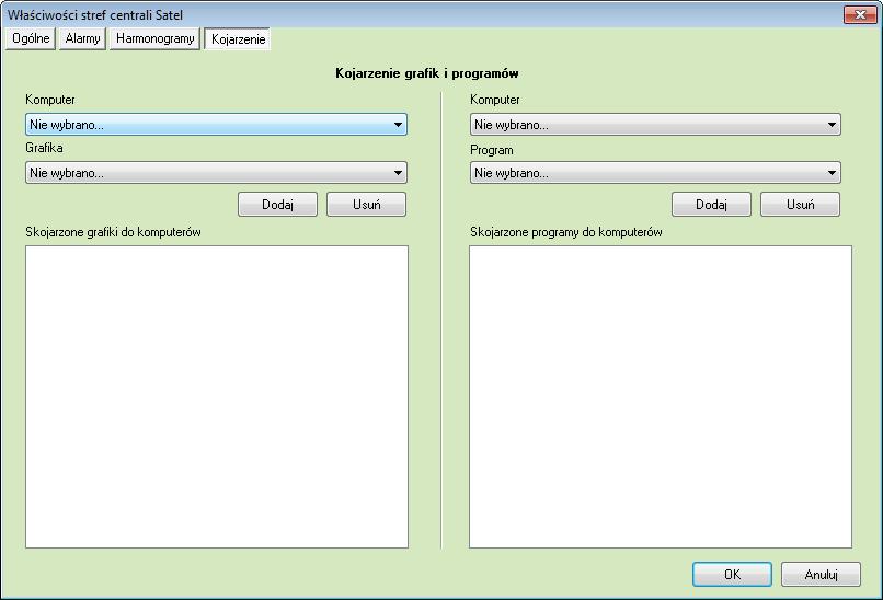 7.1.2.4 Kojarzenie W zakładce Kojarzenie istnieje możliwość przypisania do strefy grafik i programów, które będą uruchamiane po powstaniu zdarzenia alarmowego.
