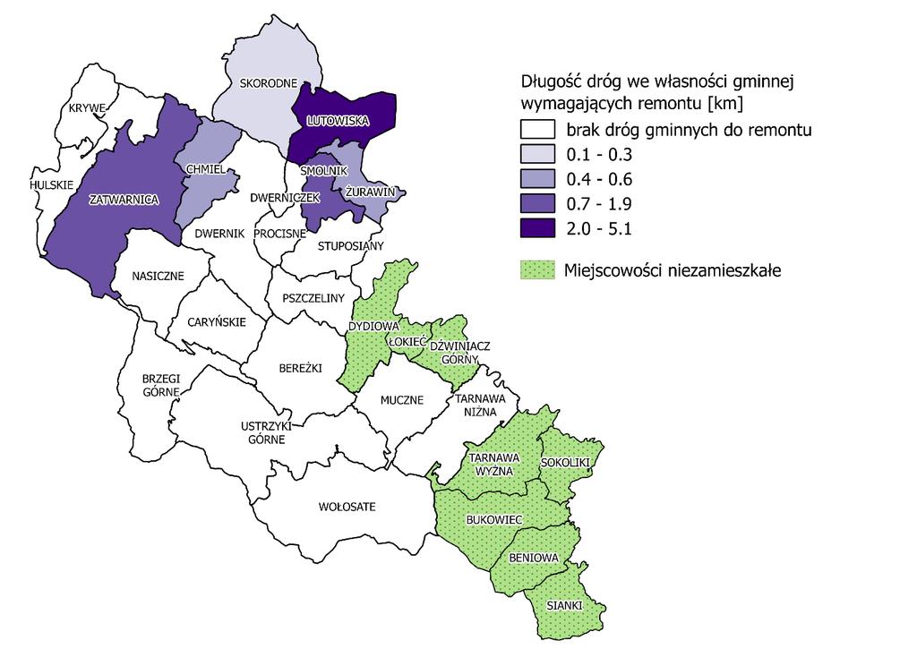 Długość dróg gminnych bez oświetlenia lub wymagające modernizacji oświetlenia [km] Wołosate 0,0 Zatwarnica 1,9 1 Żurawin 0,5 0,5 Gmina Lutowiska 9,5 5,15 Źródło: Opracowanie własne na podstawie oceny