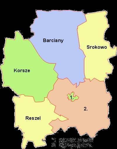 Położenie Gminy Reszel na tle powiatu kętrzyńskiego Obszar Gminy położony jest na obszarze Pojezierza Mrągowskiego. Mezoregion ten wchodzi w skład makroregionu Pojezierza Mazurskiego.