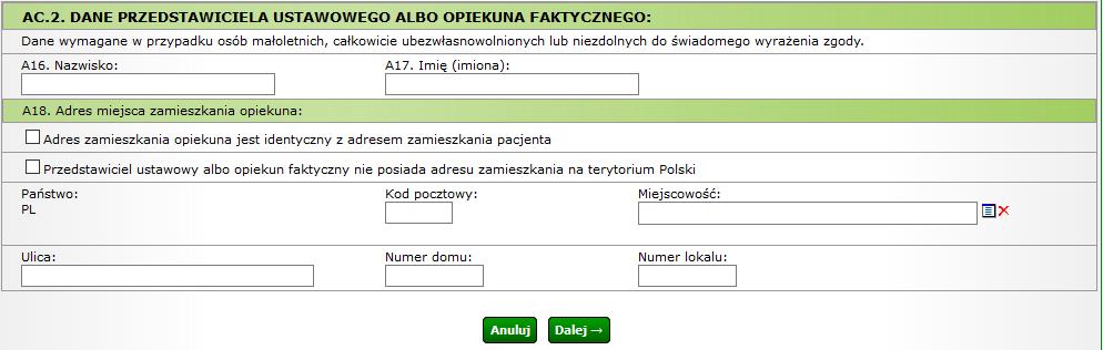 Wymagane jest uzupełnienie pól: Imię, Nazwisko oraz sekcji zawierającej dane adresowe przedstawiciela.