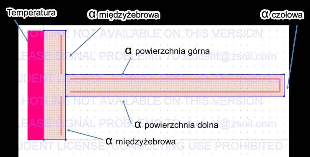 Warunki brzegowe, zastosowane uproszczenia Założono, że współczynniki wnikania ciepła α do powierzchni czołowej, górnej i dolnej będą stanowić współczynnik wnikania ciepła żebra (α żebra), który