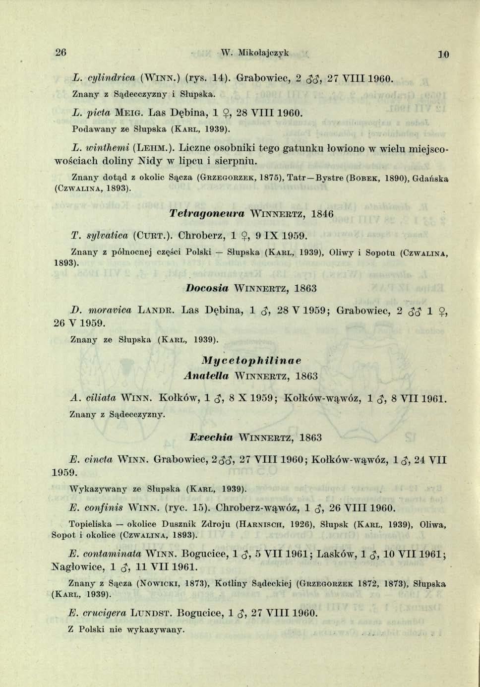 26 W. Mikołajczyk 30 L. cylindrica ( W i n n.) (ryg. 14). Grabowiec, 2 gg, 27 V III 1960. Z n an y z S ądecczyzny i Słupska. L. pieta M e i g. Las Dębina, 1 $, 28 V III 1960.