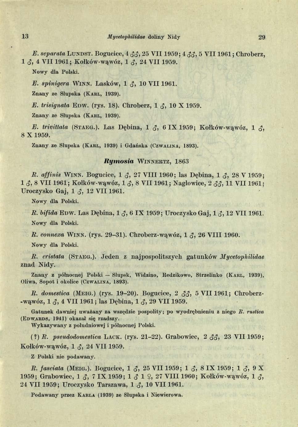 13 M ycetophilidae doliny Nidy 29 E. separata L u n d s t. Bogucice, 4 25 VII 1959; 4 5 Y I I 1961; Chroberz, 1 <J, 4 Y II 1961; Kołków-wąwóz, 1 <J, 24 VII 1959. E. spinigera W i n n.