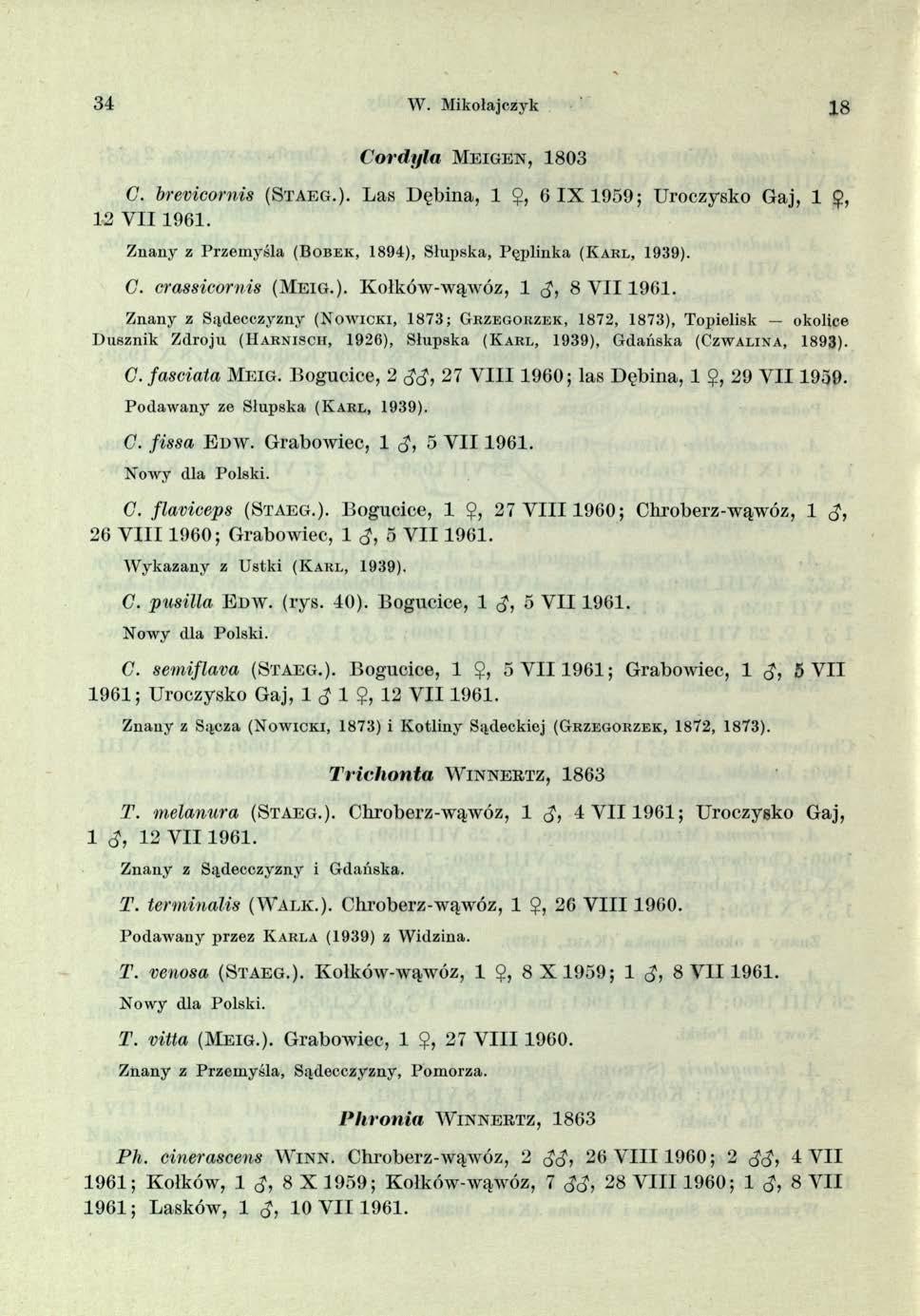 34 W. Mikołajczyk 18 C ordyla M e i g e n, 1803 C. brevicornis (S ta e g.). Las Dębina, 1 $, 6 1X1959; Uroczysko Gaj, 1?, 12 V I I 1961.