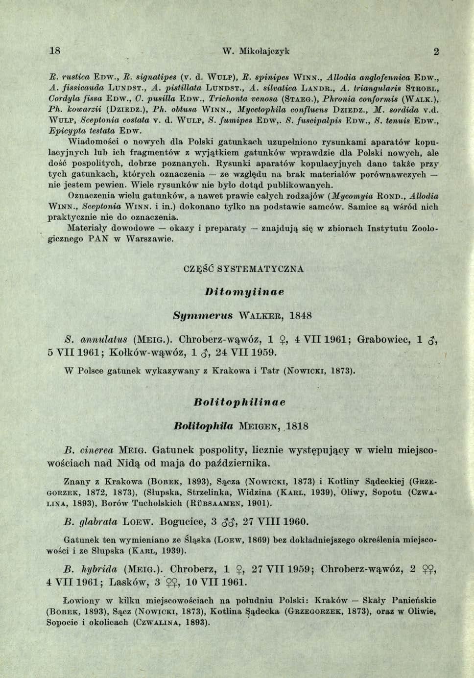 18 W. Mikołajczyk 2 B. rustica E d w., Ti. signatipes (v. d. W u l p ), B. spinipes W i n n., A llodia anglofennica E d w., A. fissica u d a L u n d s t., A. pistilla ta L u n d s t., A. silvatica L a n d r.