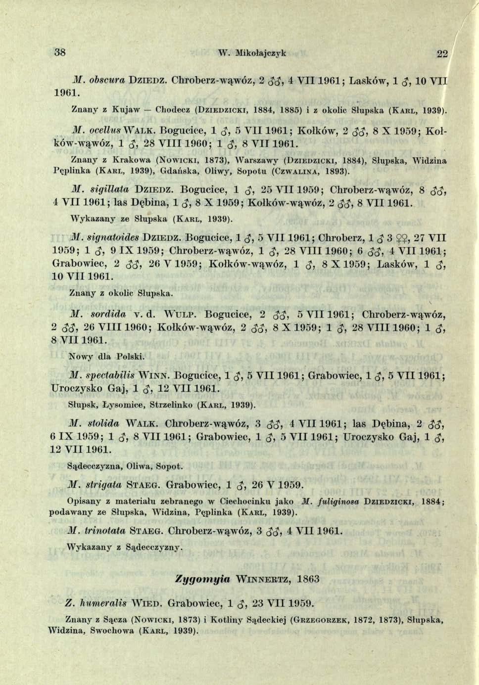 3 8 W. Mikołajczyk 22 M. obscura D zied z. Chroberż-wąwóz, 2 4 V I I 1961; Lasków, 1 <J, 10 YII 1961. Z n an y z K u jaw C hodecz (D z ie d z ic k i, 1884, 1883) i z okolic S łupska (K a r l, 1939).