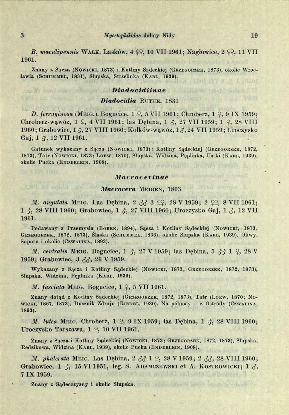 3 M ycetophilidae doliny Nidy 19 B. maculipennis W a l k. Lasków, 4 $$, 10 V I I 1961; Nagłowice, 2 $, 11 YII 1961.