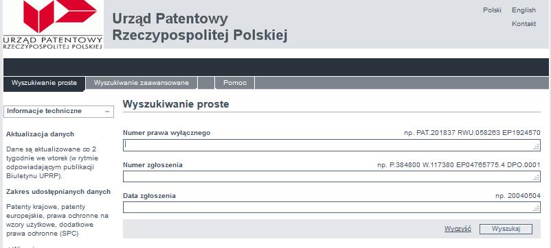 Przegląd patentowych źródeł informacyjnych UPRP wyszukiwarka przedmiotów chronionych http://www.uprp.