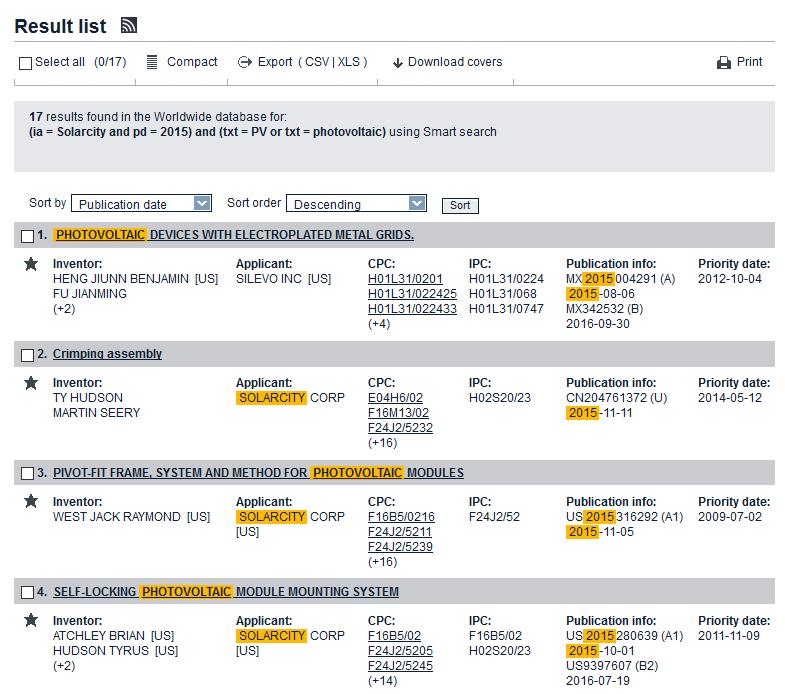 ESPACENET Smart Search bez identyfikatorów example: dokumenty Solarcity