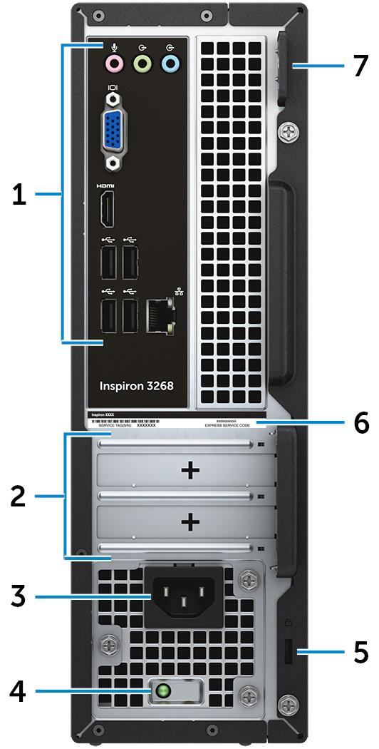 Tył 1 Panel tylny Służy do podłączania urządzeń USB, audio, wideo i innych. 2 Gniazda kart rozszerzeń Umożliwiają dostęp do portów w dowolnych zainstalowanych kartach PCI Express.