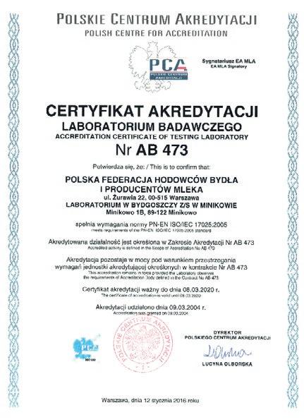 zakresu akredytacji znajdują się na stronie internetowej www. pca.gov.pl pod numerem AB 473. Laboratoria PFHBiPM działają zgodnie z wytycznymi Międzynarodowego Komitetu ds.