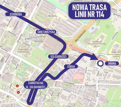 linia 114 ZMIANA TRASY częściowo zmieniona trasa od ulicy Jesionowej przez Świętokrzyską Solidarności Domaszowską do ulicy Żniwnej, szybszy dojazd z osiedli północnych do kampusu