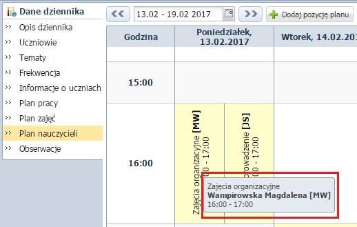 Prowadzenie Dzienników zajęć innych Użytkownik ma możliwość kopiowania wpisanego planu zajęć.