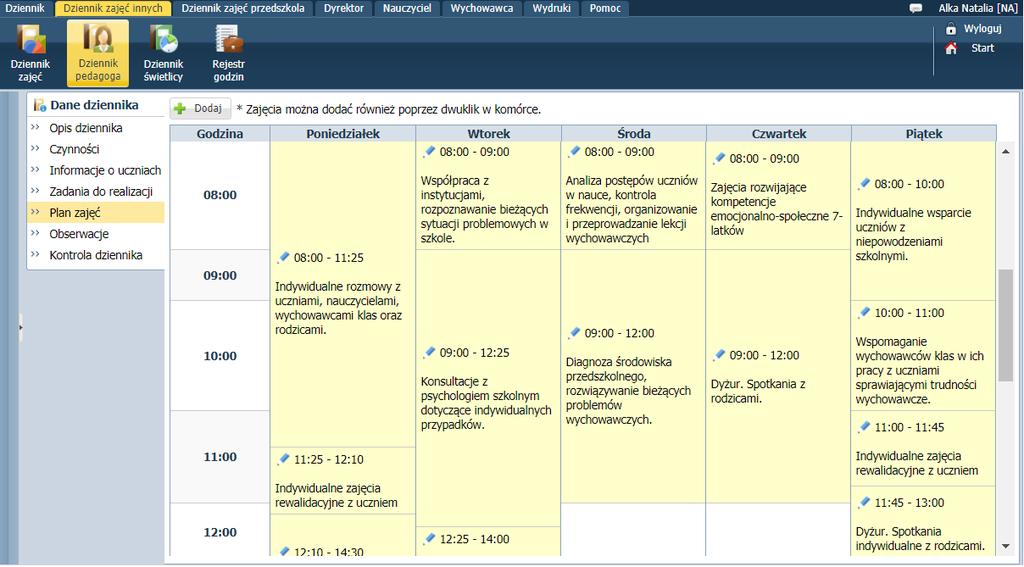 Prowadzenie Dzienników zajęć innych Wydruki dziennika pedagoga Aby wydrukować cały dziennik lub wybrane strony