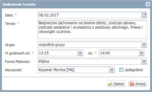 Prowadzenie Dzienników zajęć innych Wprowadzanie tematów Na zakładce Tematy widoczne są informacje dotyczące przeprowadzonych zajęć w wybranym tygodniu.