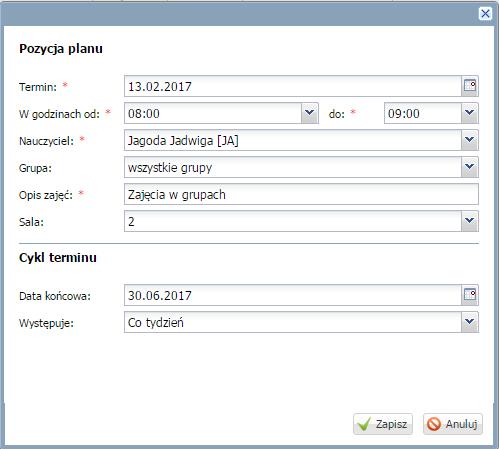 Prowadzenie Dzienników zajęć innych Po najechaniu kursorem na komórkę planu dnia, wyświetli się podgląd
