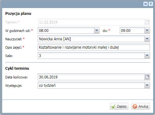 Prowadzenie Dzienników zajęć innych Po najechaniu kursorem na komórkę planu dnia, wyświetli się