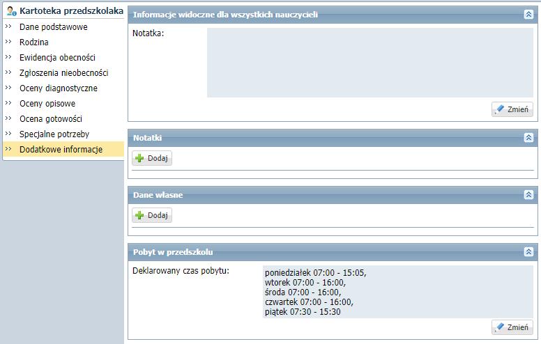 Prowadzenie dziennika przedszkola W tym celu należy przejść na zakładkę Dodatkowe informacje i kliknąć przycisk Dodaj w wybranej sekcji.