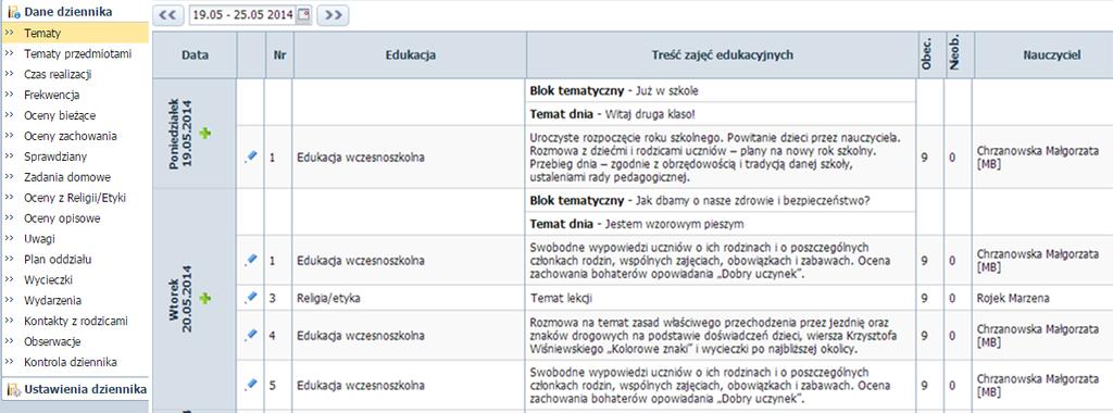 Korzystanie z dziennika w sytuacjach złożonych Użytkownik ma także możliwość dodania oraz edycji lekcji. Aby dodać nową lekcję należy: Kliknąć przycisk w wybranym dniu.