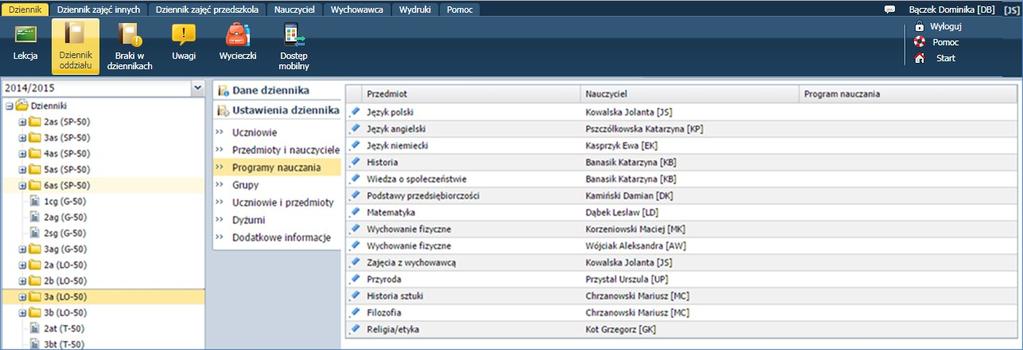 Korzystanie z dziennika oddziału Uzupełnianie programu nauczania Programy nauczania może wpisać dla wszystkich przedmiotów wychowawca lub każdy nauczyciel dla przedmiotu, którego uczy.