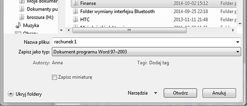 Nową nazwę wpisujemy w polu tekstowym Nazwa pliku. Word automatycznie uzupełnia to pole domyślną nazwą, w tym wypadku jest to Dok1.