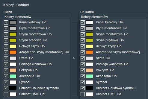 Aby zastąpić kolory elementów w planie szafy sterowniczej, kliknij w menu polecenie Narzędzia Ustawienia (Opcje) Przedstawienie Kolory Cabinet. 2.