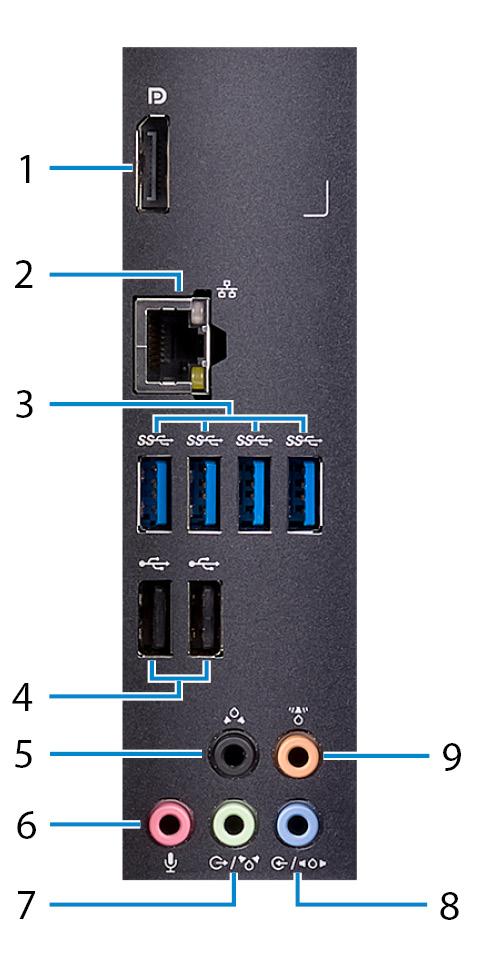 Panel tylny 1 DisplayPort Podłączanie tylko do celów debugowania. UWAGA: Aby podłączyć zewnętrzne wyświetlacze lub projektory, użyj portów wideo oddzielnej karty graficznej.