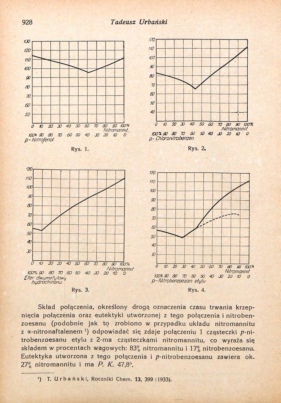 928 Tadeusz Urbański Skład połączenia, określony drogą oznaczenia czasu trwania krzepnięcia połączenia oraz eutektyki utworzonej z tego połączenia i nitrobenzoesanu (podobnie jak to zrobiono w