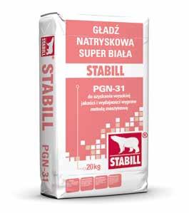 Gładź Natryskowa STABILL SUPER BIAŁA Gładź Natryskowa STABILL PGN-31 służy do pokrywania ścian i sufitów wewnątrz pomieszczeń przy użyciu hydrodynamicznych agregatów natryskowych w celu osiągnięcia