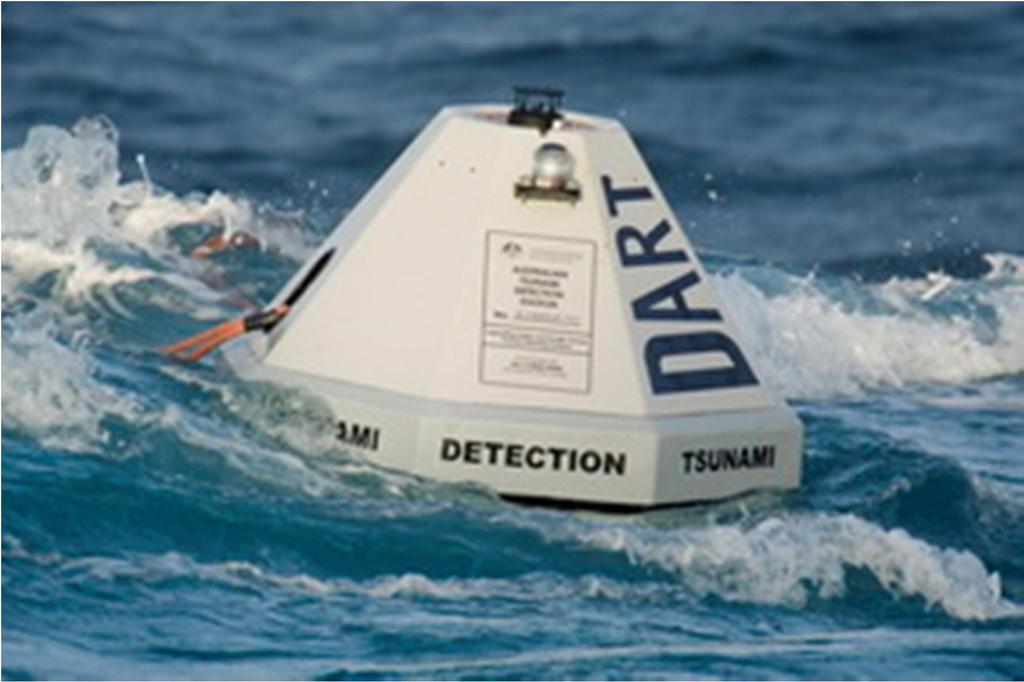 Rys. 9 Stacja pomiarowa systemu DART i ich rozmieszczenie. Możliwość ostrzegania przed tsunami wynika z różnej prędkości poruszania się fali tsunami i fali sejsmicznej.