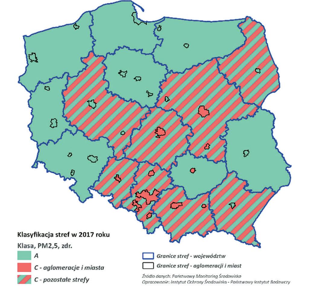 Rys. 2. Przykład klasyfikacji stref w 2017 roku w Polsce ze względu na dopuszczalny poziom PM 2,5.