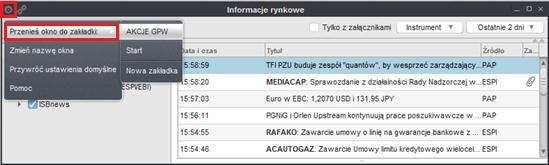 5.2. PRZENOSZENIE OKNA DO INNEJ ZAKŁADKI Każde okno można przenieść do innej Zakładki w następujący sposób: 1. Wyświetl dowolne okno aplikacji; 2.